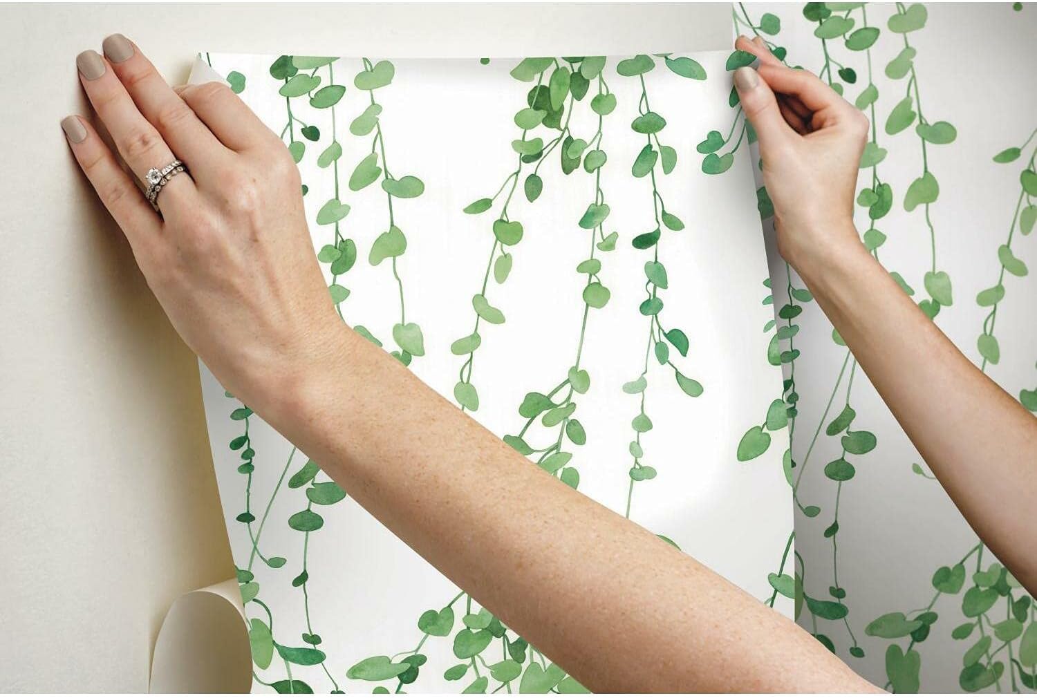 Hanging Watercolor Green Vines on White Peel and Stick Single Roll