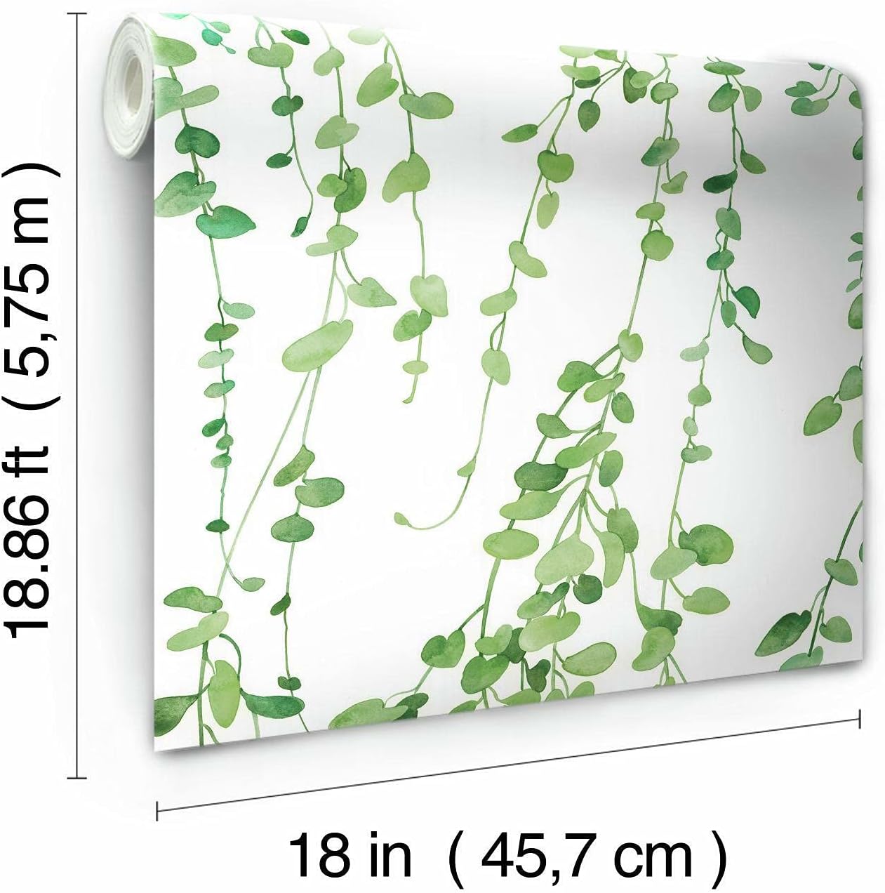 Hanging Watercolor Green Vines on White Peel and Stick Single Roll