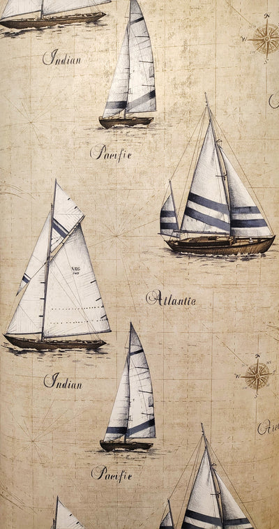 Sailboats in Blues on Beige on Unpasted Wallpaper