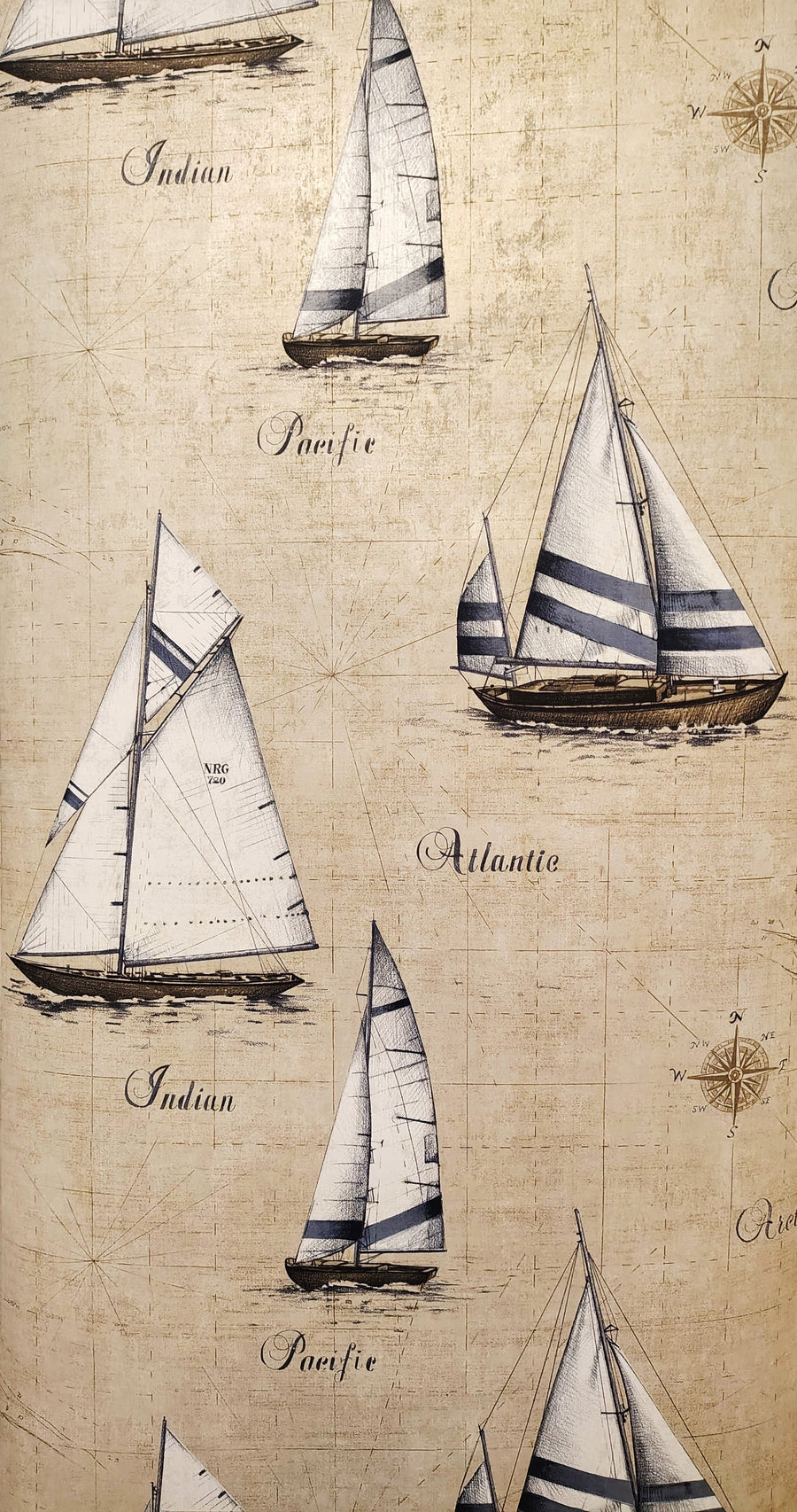 Sailboats in Blues on Beige on Unpasted Wallpaper