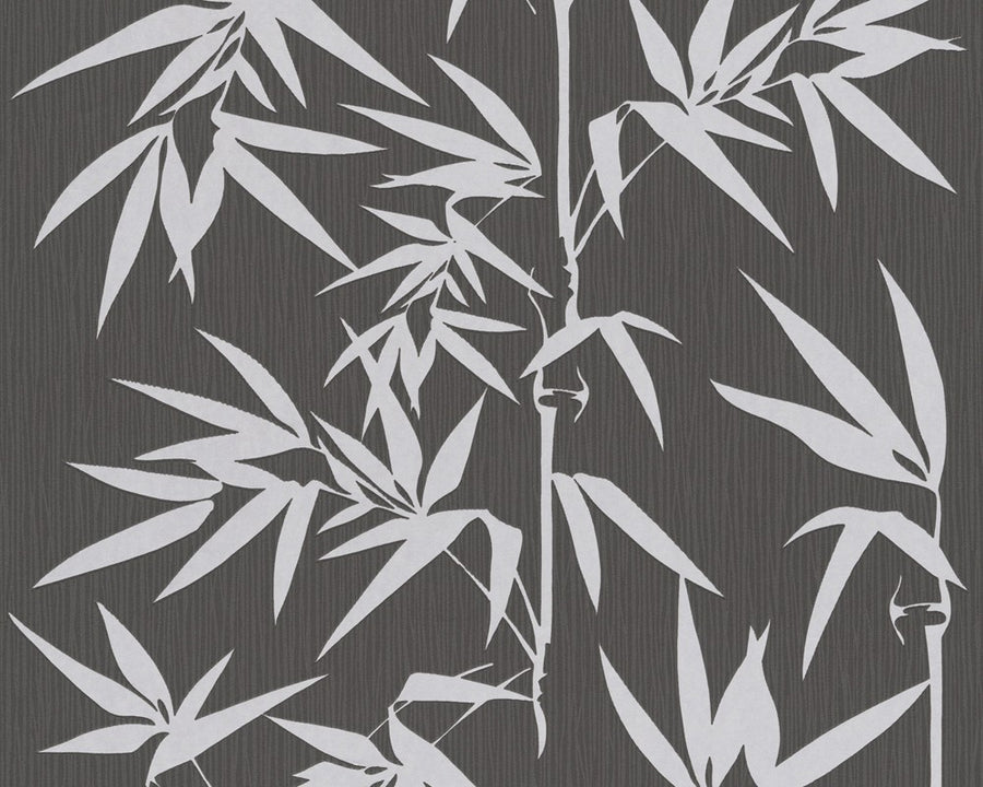 Contemporary Silver Bamboo on Black Textured Unpasted Wallpaper - all4wallswall-paper