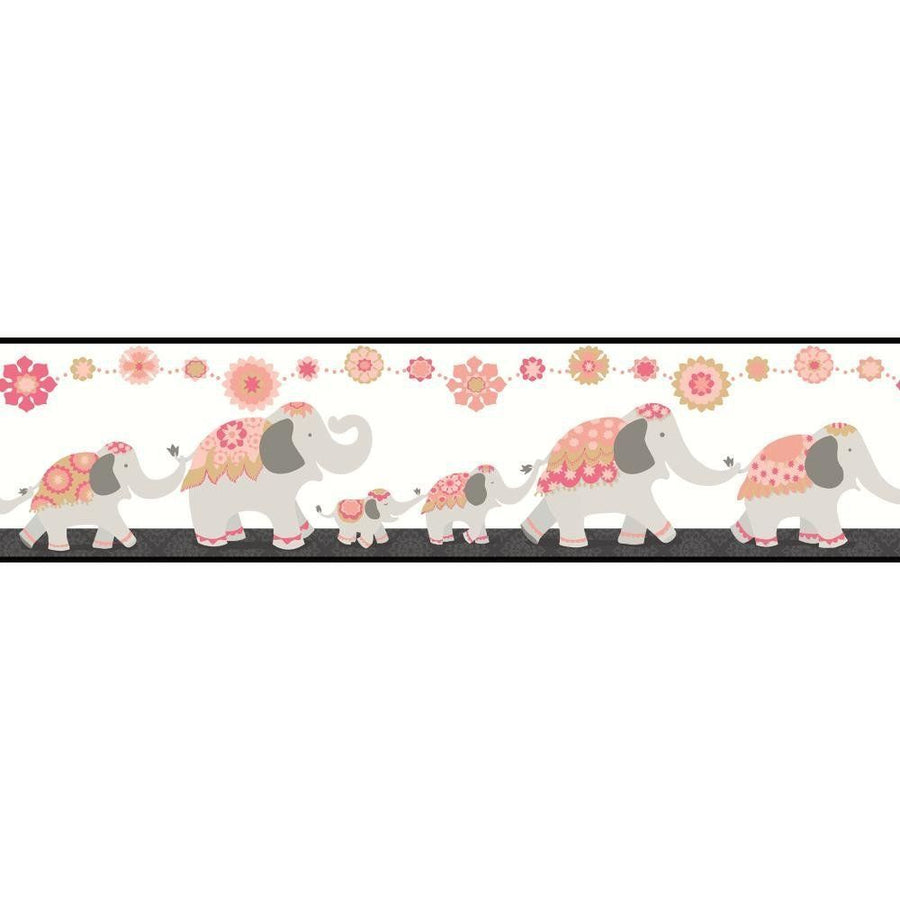 Follow the Leader India Elephant Family in Pink and Grey on Sure Strip Wallpaper Border - all4wallswall-paper