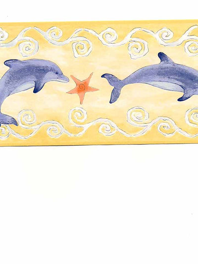 Blue Dolphin on Puffy Yellow Wallpaper Border - all4wallswall-paper