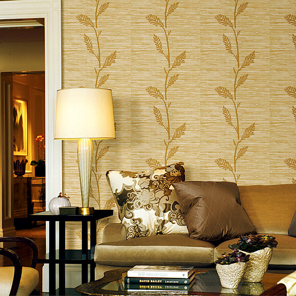 Faux Plum and Beige Grasscloth with Plum Leaf - Vine Overlay Wallpaper - all4wallswall-paper