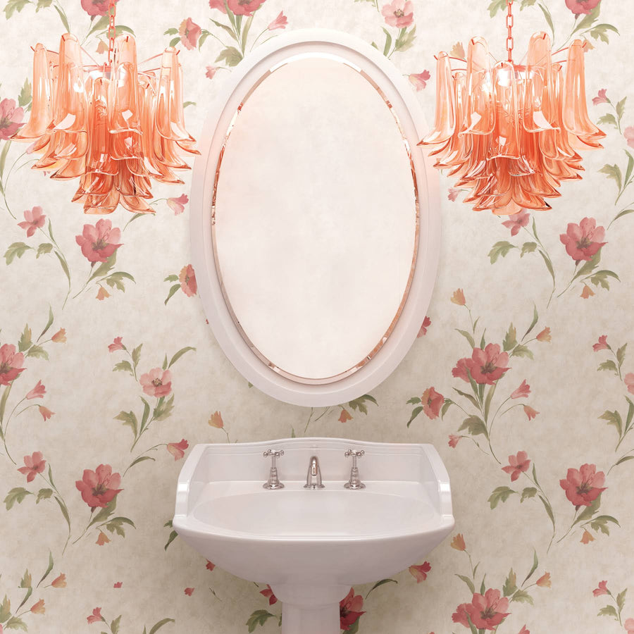 Salmon and Peach Kala Floral on Off White Satin Prepasted Wallpaper - all4wallswall-paper