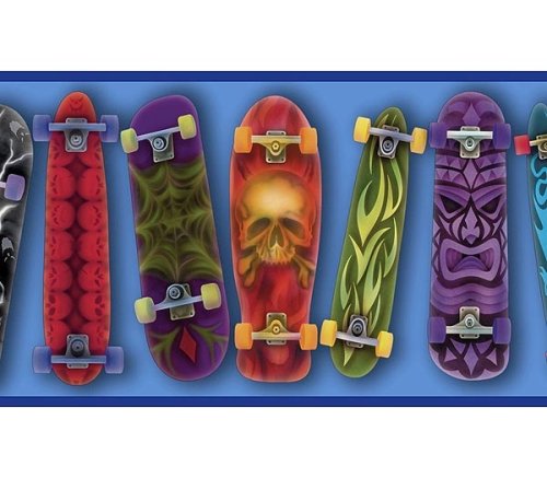 Skateboards Designs on Blue with Blue Edge on Wall Border - all4wallswall-paper