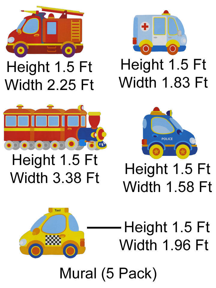 Large Colorful Vehicle Transportation Police Car, Ambulance, Firetruck, Taxi, Train, Precut Prepasted Mini Mural - all4wallswall-paper