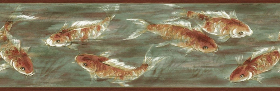 Asian Koi Fish in Green and Rust Water Background Wallpaper Border - all4wallswall-paper