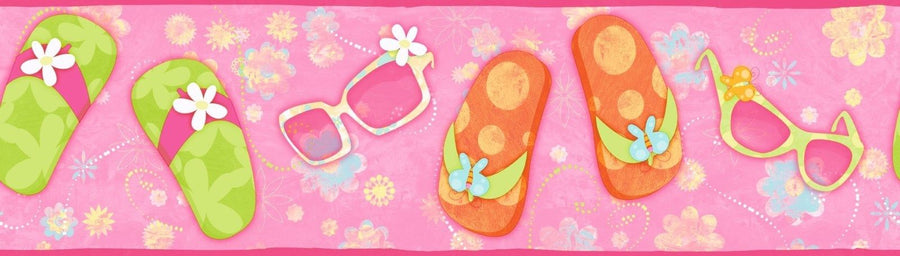 Girls Flip Flops & Sunglasses in Orange, Lime, and Pink Candice Olson Wallpaper Border - all4wallswall-paper