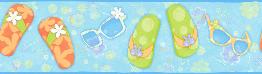 Girls Flip Flops & Sunglasses Orange, Lime, and Blue Candice Olson Wallpaper Border - all4wallswall-paper