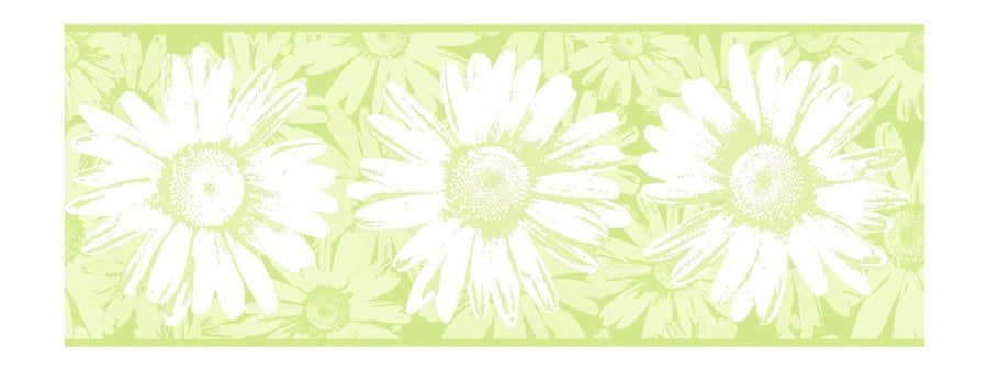 White Contemporary Daisy on Lime Green with a Sheen on Sure Strip Wallpaper Border - all4wallswall-paper