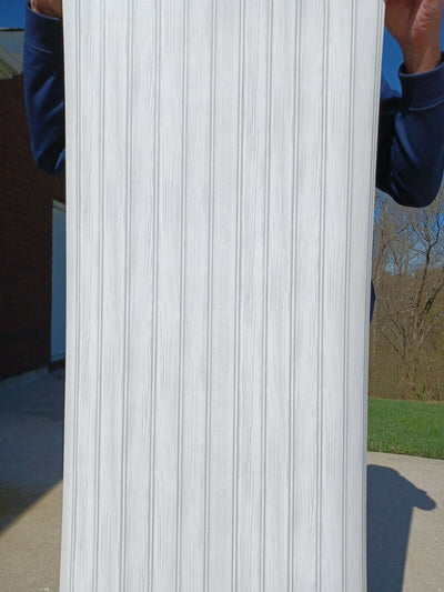 White Beadboard with Grey Woodgrain Wallpaper