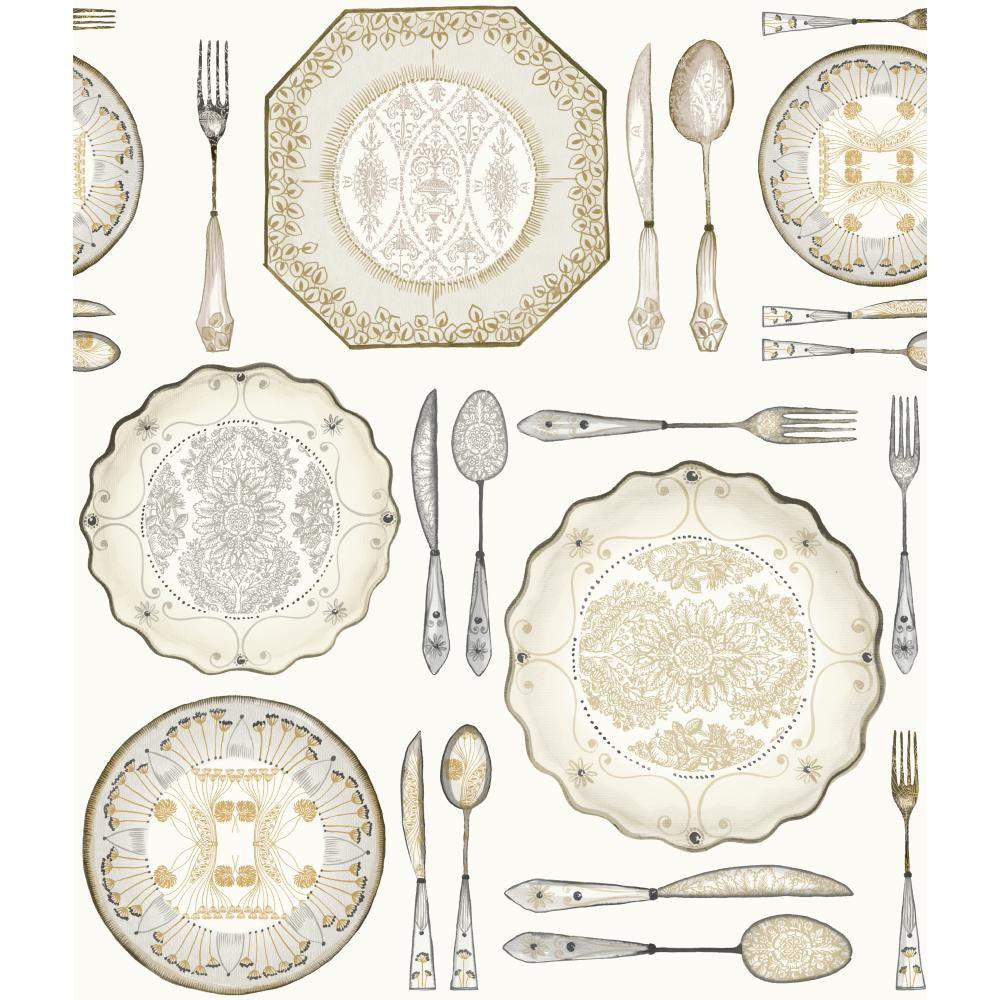Black & Gold Plates / Dishes & Silverware on Sure Strip Wallpaper