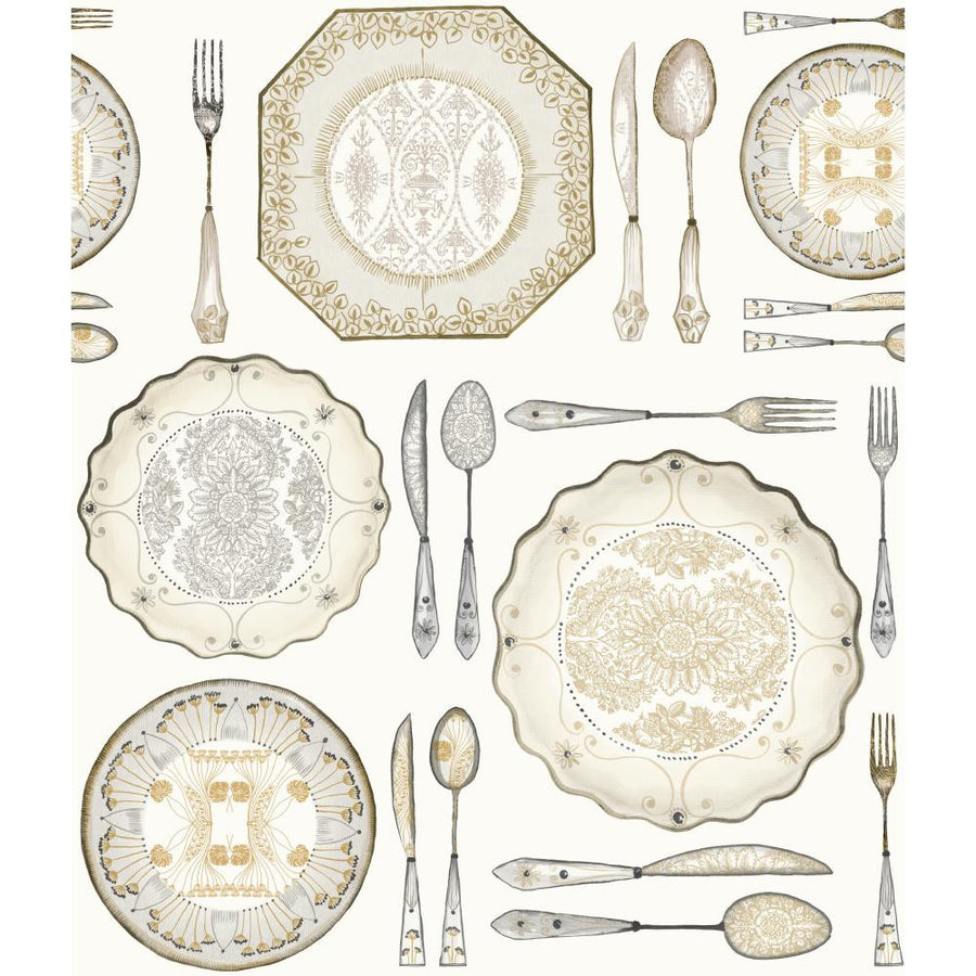 Black & Gold Plates / Dishes & Silverware on Sure Strip Wallpaper