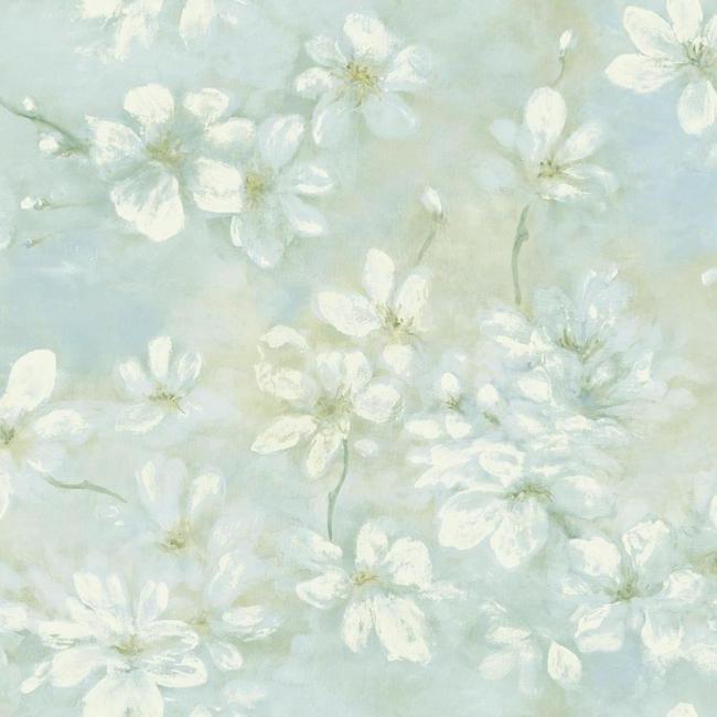 White Cherry Blossom on Blue Background 27" Unpasted Wallpaper