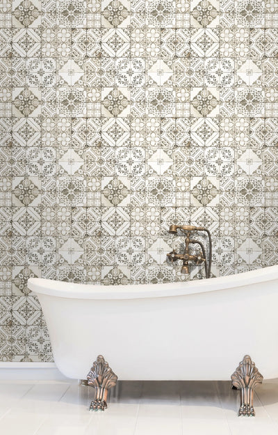 Mediterranean Aged Neutral Square Tiles Backsplash Sure Strip Wallpaper