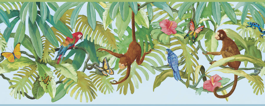 Monkey in the Jungle Treetops on Blue Sure Strip 18" Wide Wallpaper Border - all4wallswall-paper
