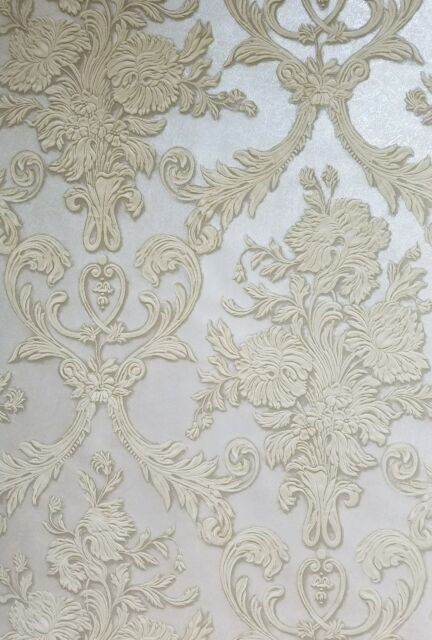 3-D Look Cream Damask on Silver Faux Formal Albert Van Luit Wallpaper - all4wallswall-paper