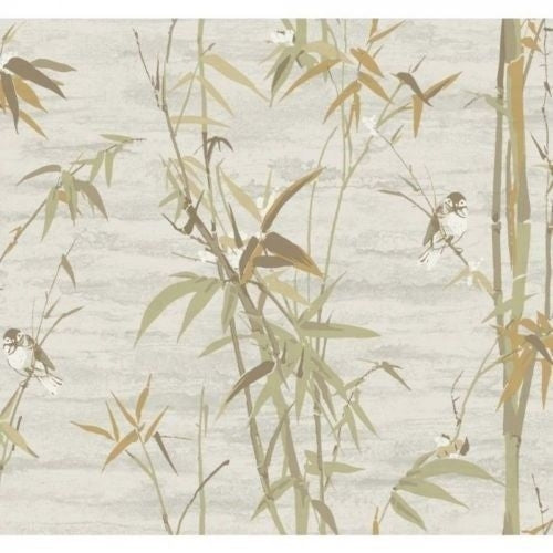 Bamboo Stalks Gold, Green, Brown with Birds on Satin Background Unpasted Wallpaper - all4wallswall-paper