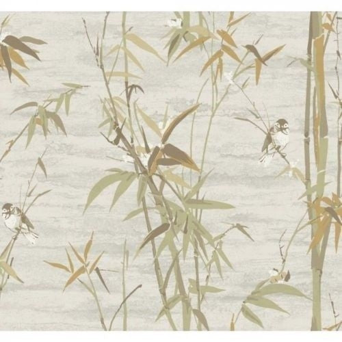 Bamboo Stalks Gold, Green, Brown with Birds on Satin Background Unpasted Wallpaper - all4wallswall-paper