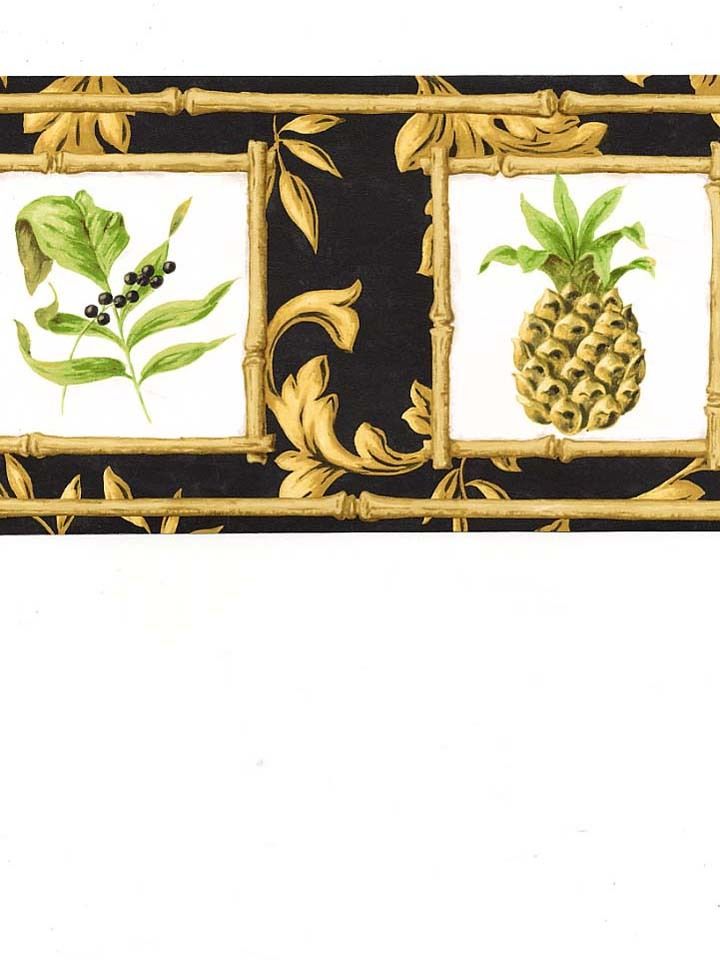 Formal Gold Scroll On Black with Pineapple Bamboo Square Wallpaper Border - all4wallswall-paper