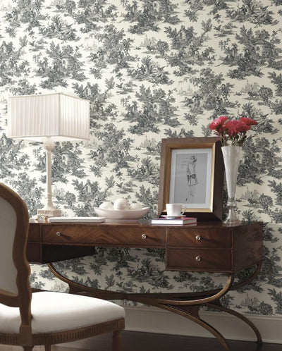 Black and White Colonial Toile on Sure Strip Wallpaper - all4wallswall-paper