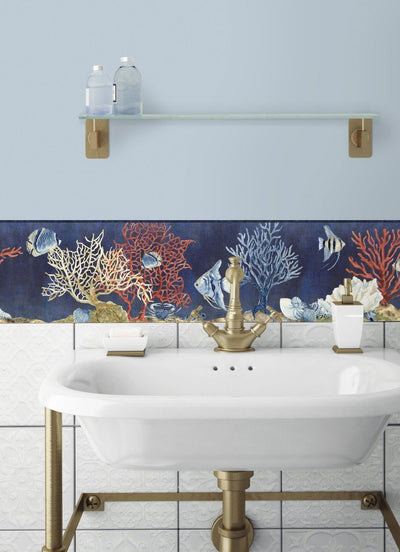 Indigo Navy Sea Fish on Coral on Sure Strip Wallpaper Border - all4wallswall-paper