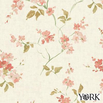 Coral and Pink Artistic Floral Toss on Faux Linen 27" Unpasted Wallpaper