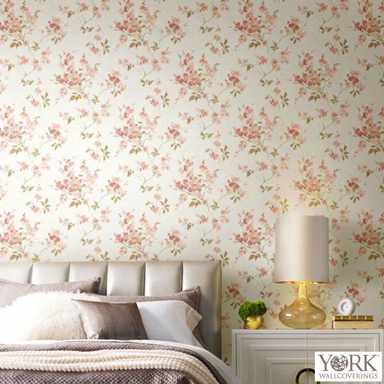 Coral and Pink Artistic Floral Toss on Faux Linen 27" Unpasted Wallpaper