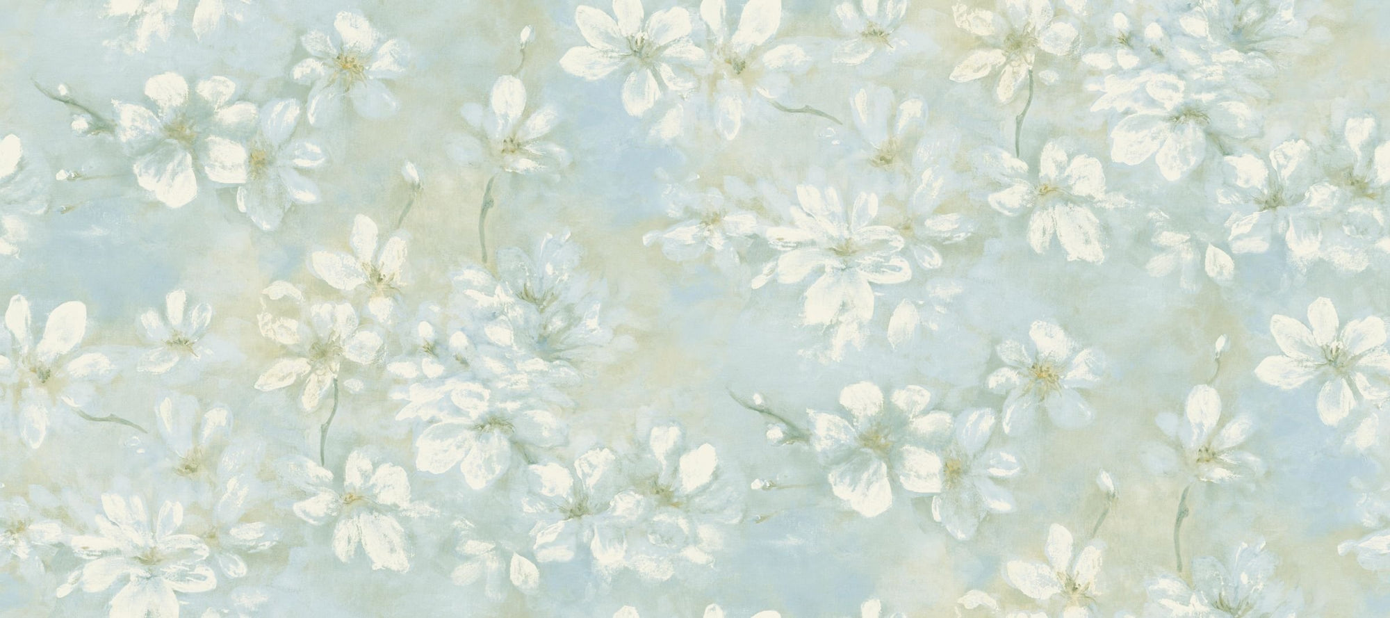 White Cherry Blossom on Blue Background 27" Unpasted Wallpaper