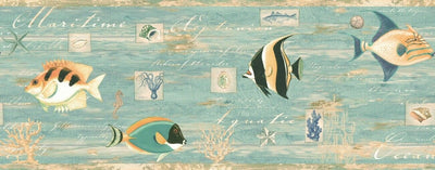 Tropical Fish Shells Sea Life on Weathered Teal on Easy Walls Wallpaper Border - all4wallswall-paper