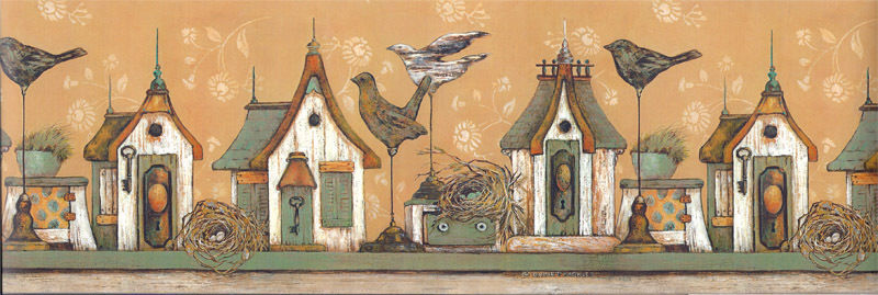 Gold & Green Birdhouses with Birds Wallpaper Border - all4wallswall-paper