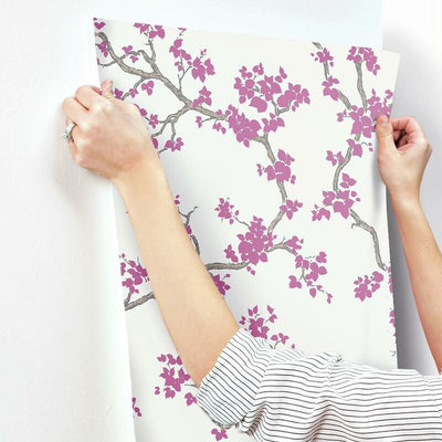 Pink Raspberry Floral & Branches Asian Artistry Paste the Paper Wallpaper