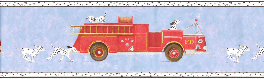Dalmatians Dogs Puppies Red Fire Truck on Blue Wallpaper Border