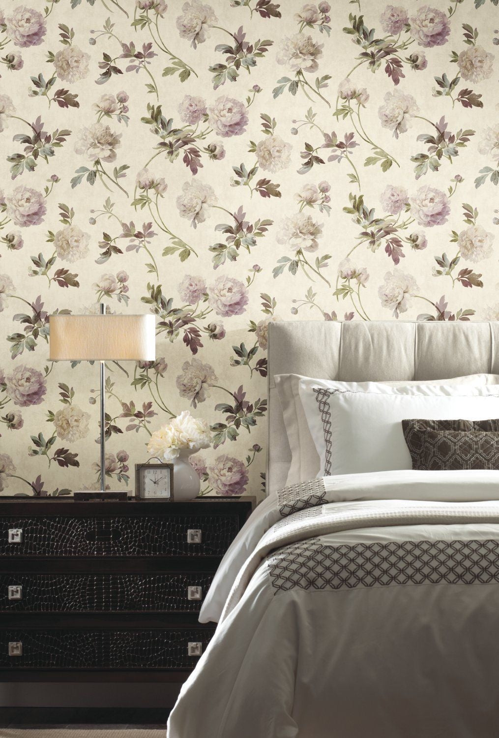 Whitworth Peony on Faux Beige Linen Wallpaper - all4wallswall-paper