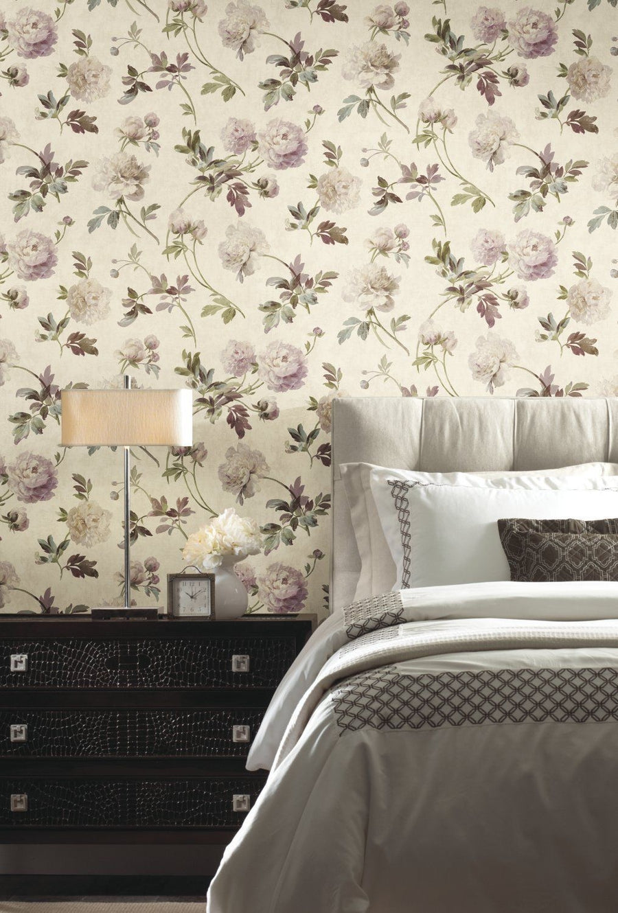 Whitworth Peony on Faux Beige Linen Wallpaper - all4wallswall-paper