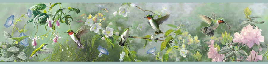 Hummingbirds above the Blooms Blue Edge Easy Walls Wallpaper Border - all4wallswall-paper