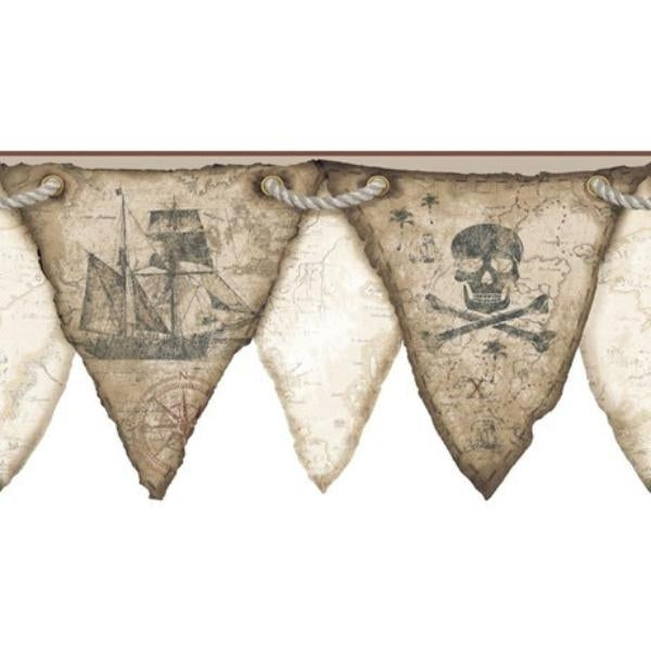 Boys Brown & Off White Pirate - Pirates Pennant -Flags Laser Cut Border - all4wallswall-paper