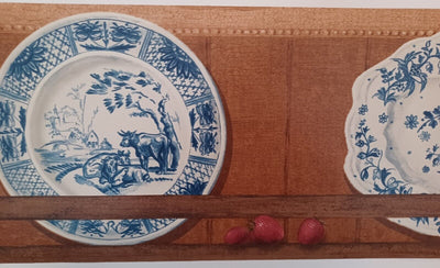 Blue Italian Dishes / China on Wooden Rack Shelf Wallpaper Border