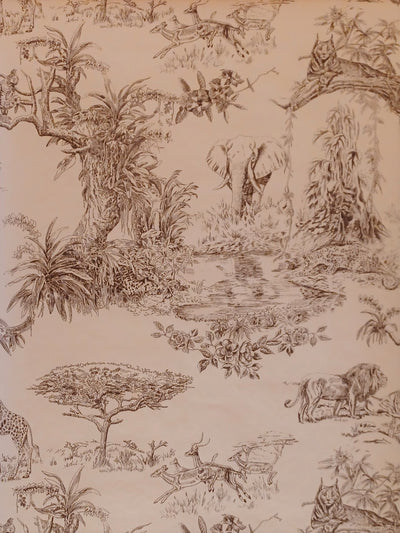 Brown on Cream African Jungle Toile Wallpaper