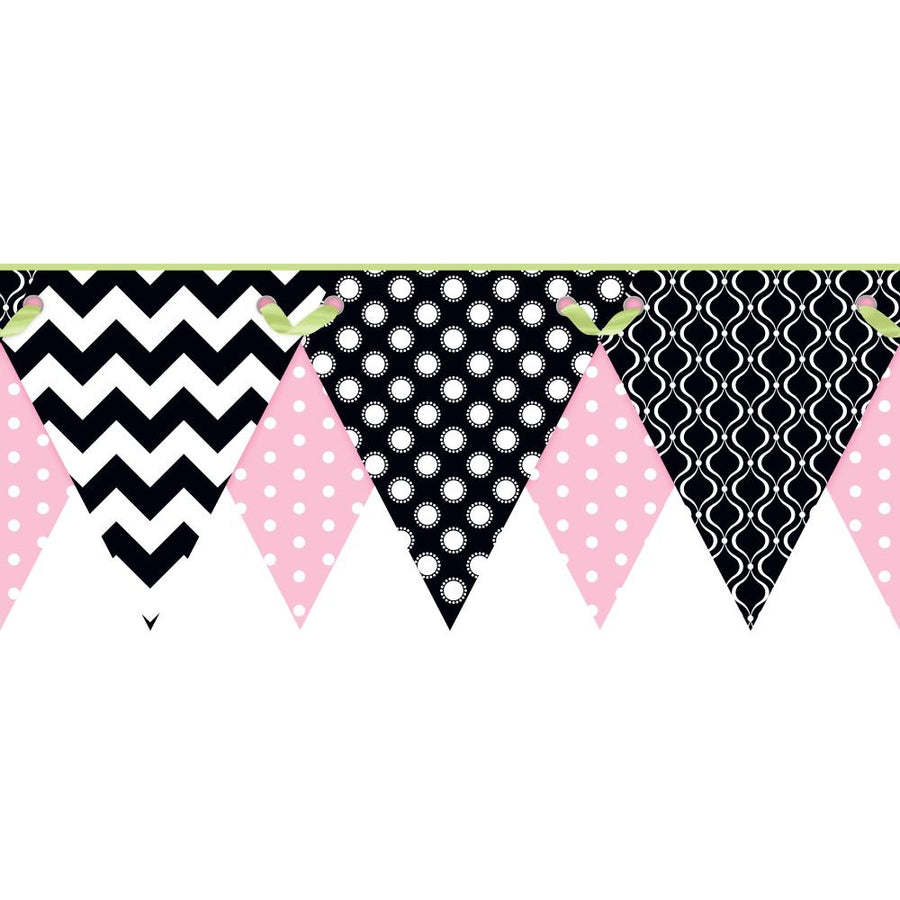 Girls Geometric Pennant - Flags in Black, White, Pink and Lime Laser Cut on Sure Strip Wallpaper Border - all4wallswall-paper
