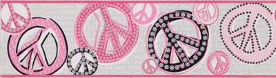 Retro Girls Pink and Black Peace Symbol Wallpaper Border - all4wallswall-paper