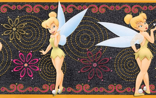 Disney Tinkerbell on Black Denim with Orange Edge Wallpaper Border - all4wallswall-paper