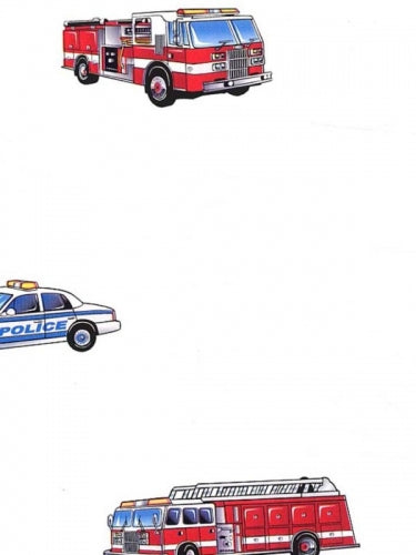 Emergency Vehicles Firemen and Police on White Sure Strip Wallpaper - all4wallswall-paper