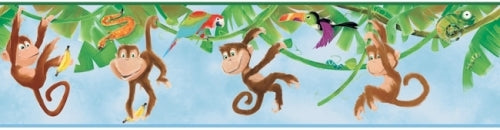 Monkey Business in the Jungle on Blue on Sure Strip Wallpaper Border - all4wallswall-paper