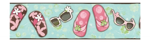 Girls Flip Flops & Sunglasses in Chocolate, Aqua & Pink Wallpaper Border - all4wallswall-paper