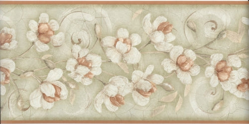 Off White Dogwood on Sage Crackle with Terra Cotta Edge Floral Wallpaper Border - all4wallswall-paper