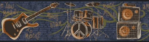 Ready To Rock Boys Band Instruments in Blue Wallpaper Border - all4wallswall-paper