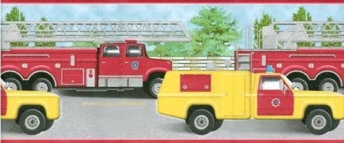 Fire Engines and Trucks in Red & Yellow Wallpaper Border - all4wallswall-paper