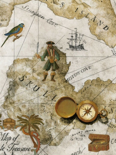 Boys Pirate Treasure Chest Map on Taupe and Beige on Sure Strip Wallpaper - all4wallswall-paper